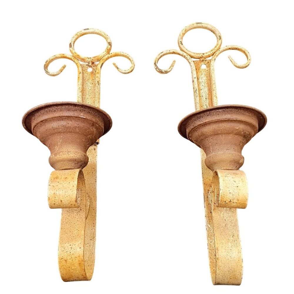 Vintage Rustic Metal Wall Candle Holders Distressed Yellow & Brown Scrolled